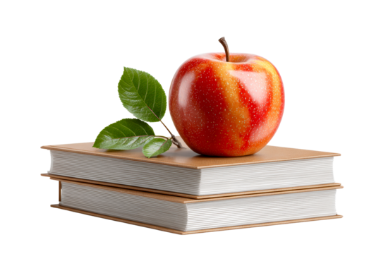 Apple resting on stacked books with leaves
