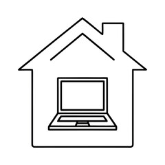 Outline illustration of a house with a laptop for remote work