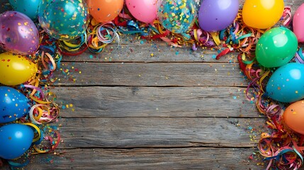 Colorful carnival or party frame of balloons, streamers and confetti on rustic wooden board