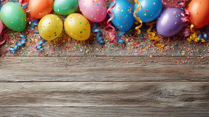Colorful carnival or party frame of balloons, streamers and confetti on rustic wooden board