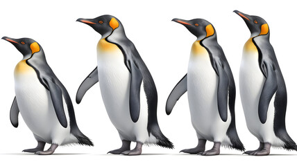 Fototapeta premium Three emperor penguins walking on snowy white background antarctic wildlife and arctic bird photography
