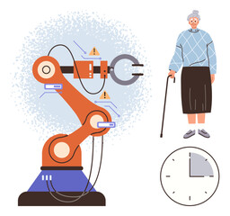 Robotic arm with mechanical claw, elderly woman holding cane, caution alerts, clock symbol. Ideal for technology, healthcare, elderly care, innovation time efficiency robotics support systems. A