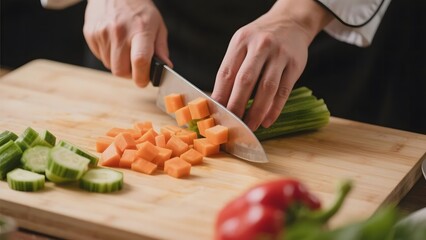 Chef slicing carrots on a wooden cutting board with cucumbers and bell peppers nearby