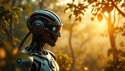 Close-Up of Futuristic Female Android in Golden Light 