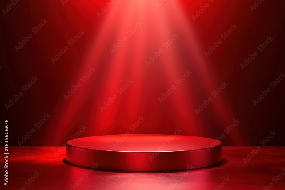 Poster a spotlight illuminates a circular platform in a dramatic red setting, creating an intense and capti