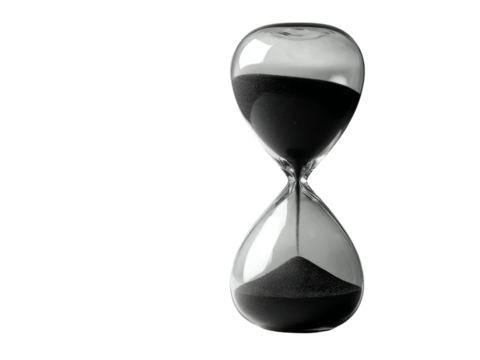 Black sand hourglass time passing concept studio shot, Isolated On White Background, Png Transparent