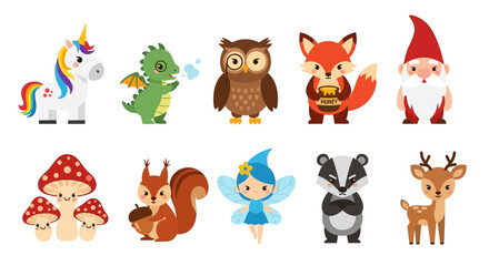 Fototapeta premium Cartoon Animals with Cute, Fantasy, Characters, and Set.