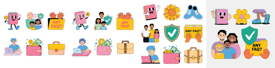 Obraz premium Cartoon Illustration Collage Notebook, Family, Shield, Flower, FAQs, Wallet, Laptop, Suitcase, and Feet Icons