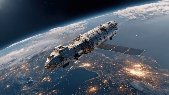 Sleek high-tech satellite orbiting earth amid twinkling stars - Powered by Adobe