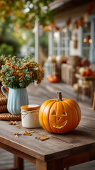Jack o lantern pumpkin with carved funny face on wooden table next to candle and vase of autumn flowers creating cozy fall atmosphere