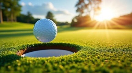 Golf ball in mid air about to drop into a golf hole at sunset