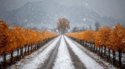 Snow-dusted vineyard path, autumn leaves, mountain backdrop