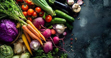 Food background with assortment of fresh organic vegetables