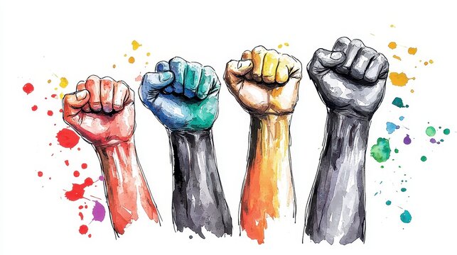 A powerful watercolor illustration depicts five fists raised high in solidarity, symbolizing unity, strength, and collective action against injustice and promoting social change