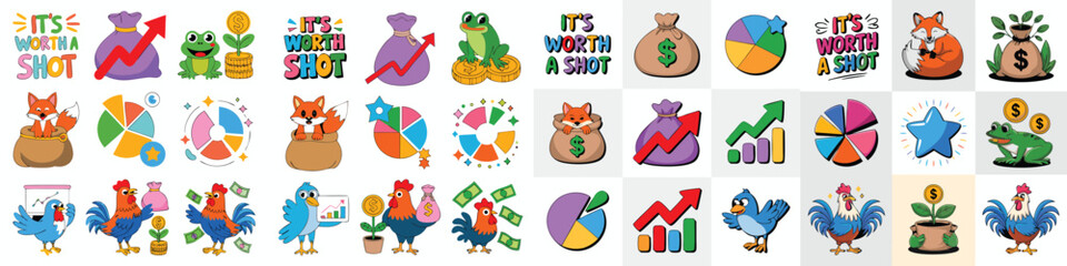 Fototapeta premium Cartoon Stickers Featuring Financial Growth, Animals, Money Bags, Charts, Rooster, Bird, Frog, and It's Worth a Shot