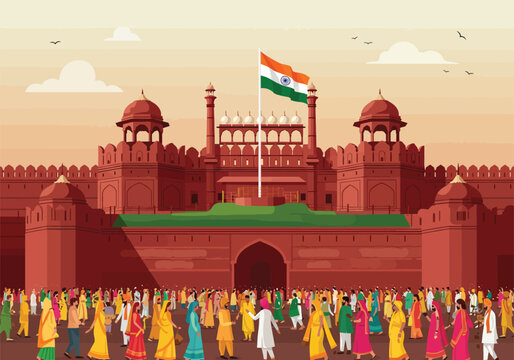 Vibrant illustration of a crowd celebrating at the historic Red Fort in Delhi with the Indian flag waving.
