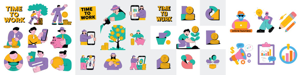 Fototapeta premium Colorful Cartoon Illustrations Depicting Online Business, Financial Growth, Time to Work, and Investment Concepts