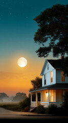Full moon glowing over cozy two story house with porch lights on at dusk, surrounded by trees and misty landscape