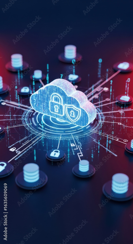 Poster cloud security digital network data protection, futuristic technology concept with glowing cloud ico
