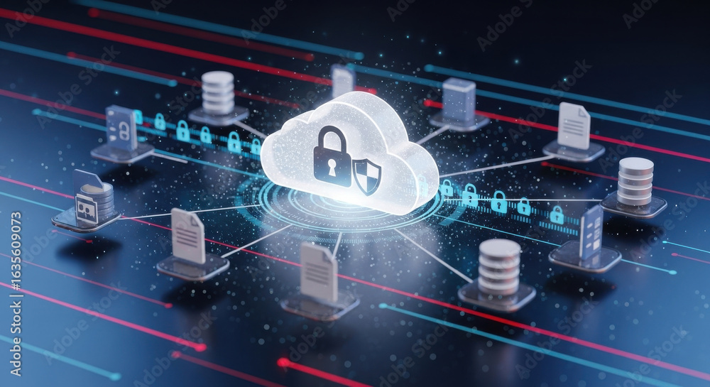 Poster cloud security data protection network digital lock secure storage futuristic technology cyber defen