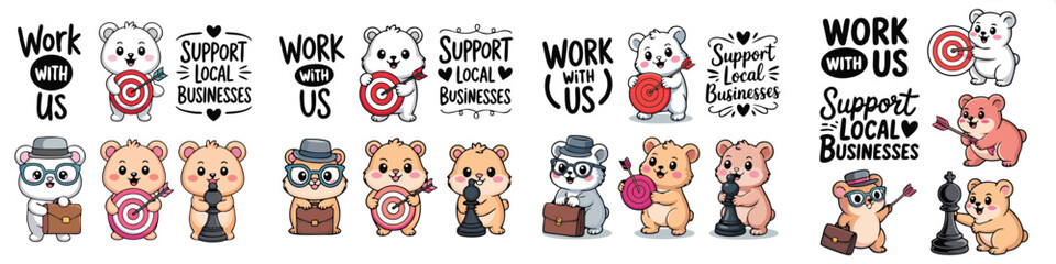 Naklejka premium Cute Cartoon Bears Supporting Local Businesses, Playing Chess, Holding Target, Work With Us Illustrations