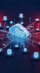 Cloud security digital network data protection, futuristic technology concept with glowing cloud icon, padlocks, and connected server nodes, representing secure online storage and information