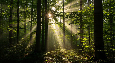 Obraz premium Sunlight streaming through trees illuminating a dense green forest with lush foliage and a vibrant atmosphere