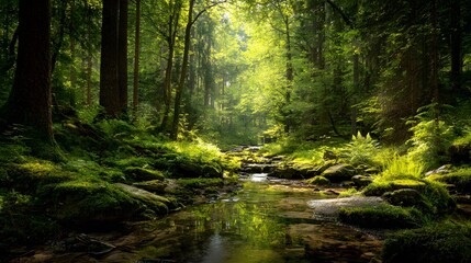 Obraz premium Green forest in sunlight with forest stream
