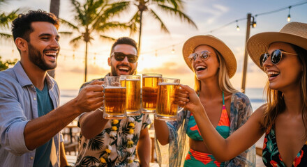 Group of friends enjoying summer evening at beach, smiling and toasting with beer mugs, palm trees and string lights in background, relaxed and joyful vacation atmosphere