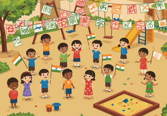 Joyful group of diverse Indian children waving national flags and celebrating together.