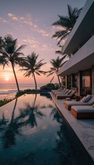 Fototapeta premium Sunset view of a modern beachfront villa