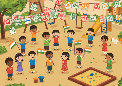 Joyful group of diverse Indian children waving national flags and celebrating together.