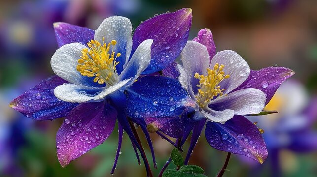 Two dew-kissed columbines, purple and white, in close-up