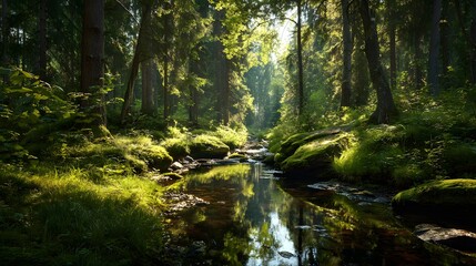 Obraz premium Green forest in sunlight with forest stream