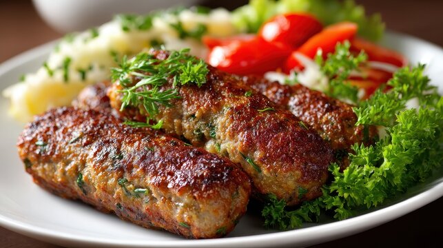 Delicious grilled cevapcici with mashed potatoes and fresh salad on plate