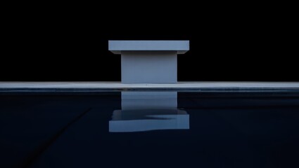 Photo of a minimalist white podium stands on a reflective surface against a dark background