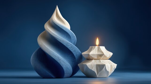 Minimalist 3D composition of spice-box and Havdalah candle on a midnight-blue backdrop