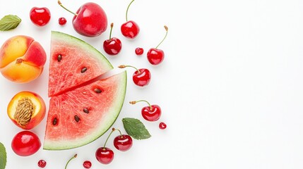 Fresh Summer Fruits Arrangement with Watermelon, Peach, and Cherries on White Background