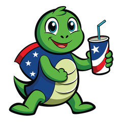 cute turtle mascot holding a soda  usa flag shell .eps