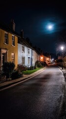 Night street lined with pastel houses under a full moon