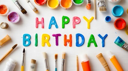 Happy birthday party background with text and colorful tools