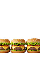 Three Delicious Burgers with Sesame Seed Buns Isolated on Black Background Photo
