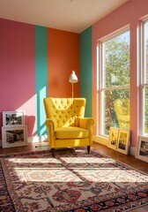 An inspiring interior design scene with a bright yellow armchair and unique multi-colored striped walls