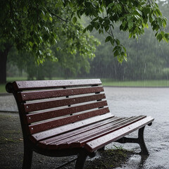An empty wooden bench in a park under a tree on a rainy day
