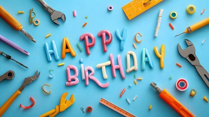 Happy birthday party background with text and colorful tools