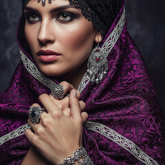 Portrait of a beautiful woman adorned in traditional, intricate jewelry and a headdress