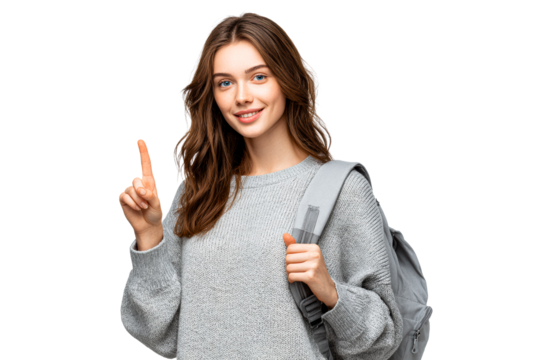 Woman gesturing with backpack indoors