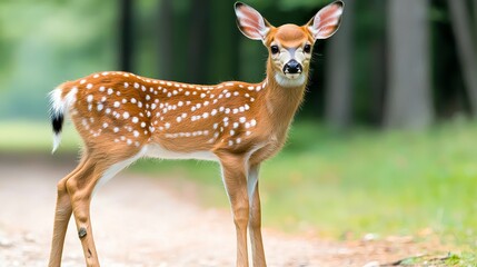 Obraz premium An adorable white-tailed deer fawn stands on a natural trail in a lush green forest, its spotted coat contrasting beautifully against the earthy tones of the path and surrounding