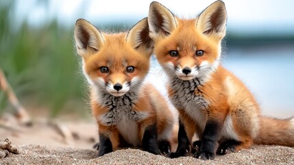 Two adorable red fox kits cuddle together on a sandy beach du a summer day in June, showcasing their fluffy fur and endea expressions in a heartwarming wildlife scene.