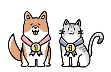 金メダルをかけた犬と猫のベクターイラスト
